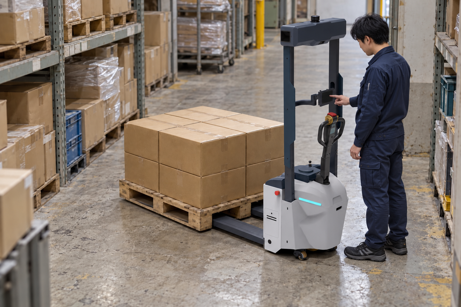 倉庫で荷物を確認し、EZ-GOのタッチパネルを操作する作業者(生成イメージ)