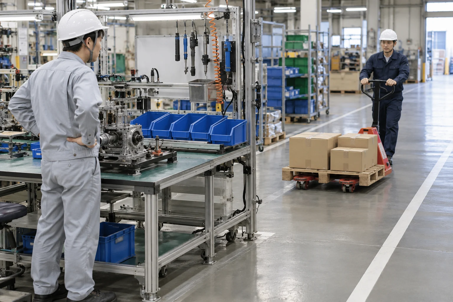 空の部品箱の前でハンドリフトによる補給を待つ工程（生成イメージ）